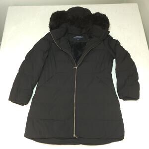 Vintage Y2k Lands End Down Puffer Parka Womens Large Black Faux Fur Hood Jacket